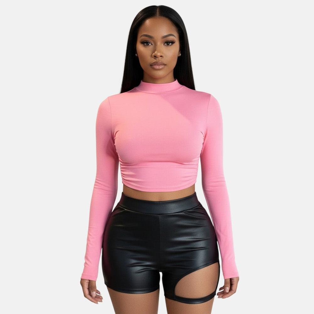 Pink Open Back Long Sleeve Cropped Top